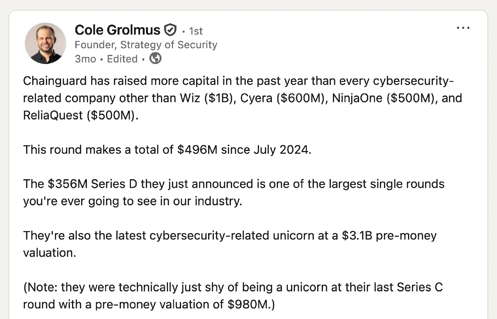 Cole Grolmus: LinkedIn post discussing Chainguard capital raises