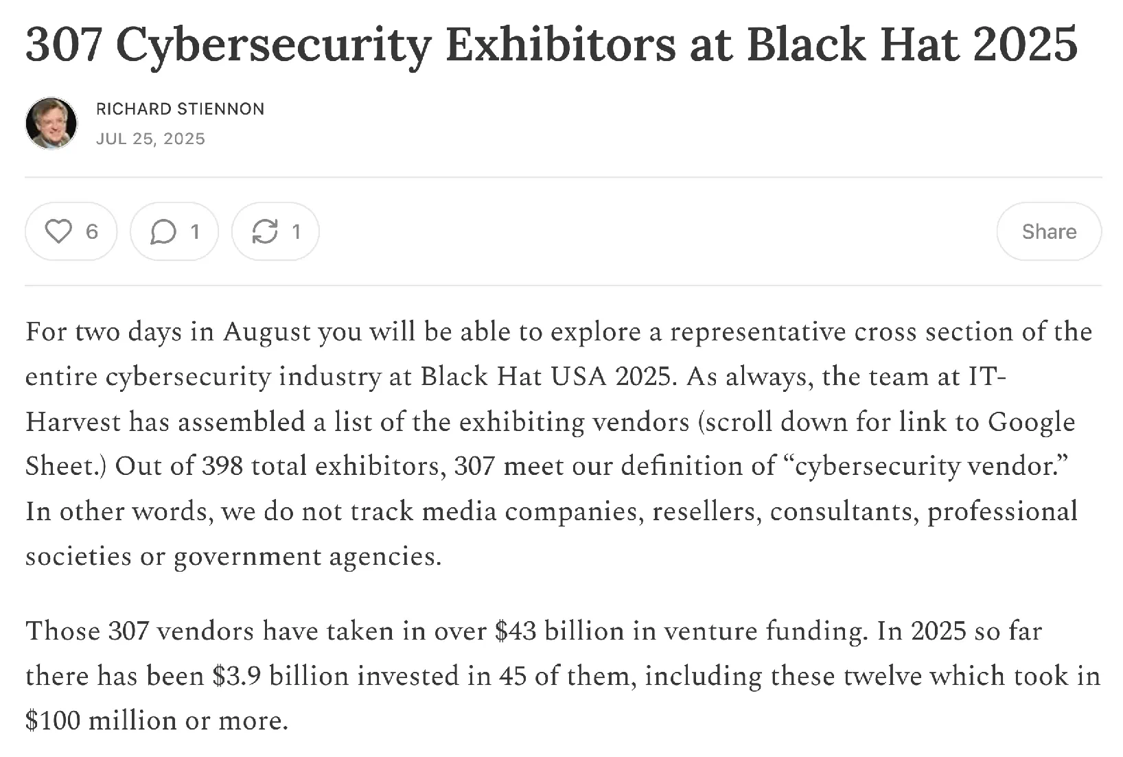 Richard Stiennon: 307 vendors at Black Hat 2025
